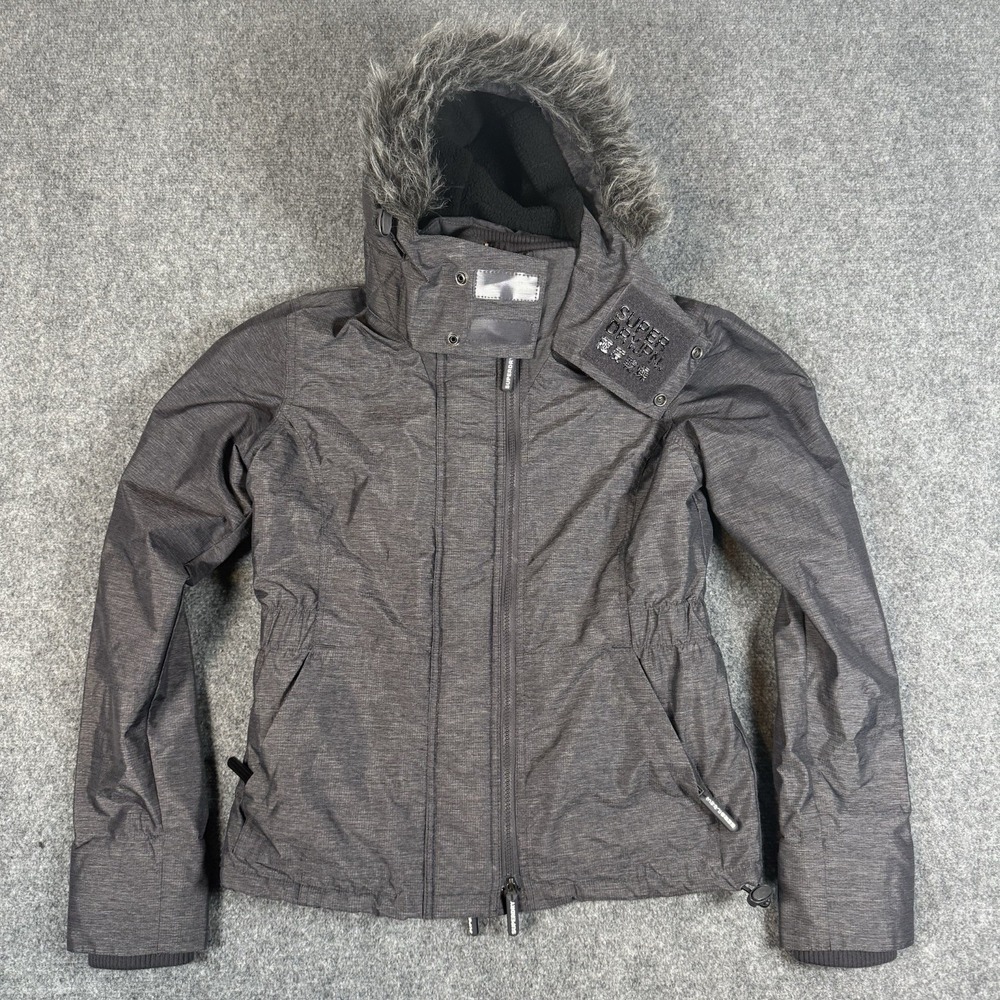 Superdry The Wind Attacker Jacket Womens Medium Gray Fleece Faux Fur Hood